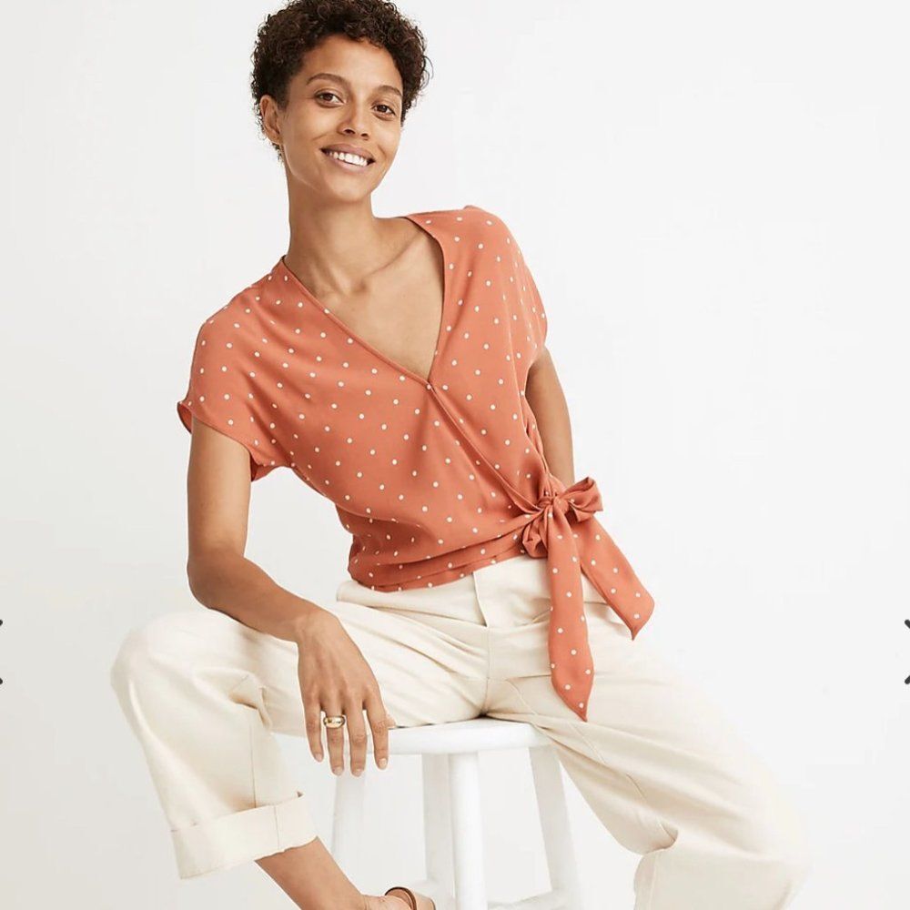 Madewell Sash-Tie Wrap Top in Polka Dot